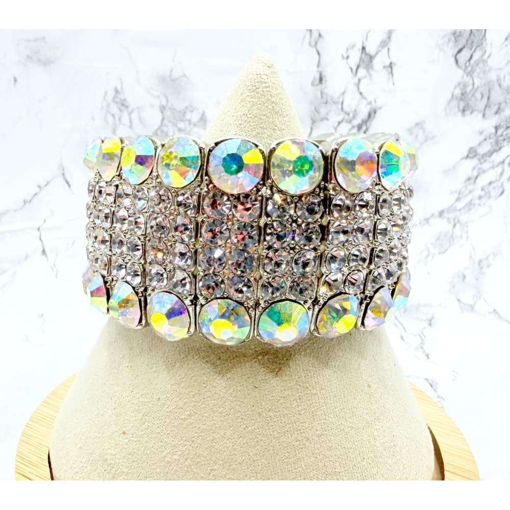 Clear Rhinestone AB Border Wide Stretch Bracelet Silver Tone 7.5"